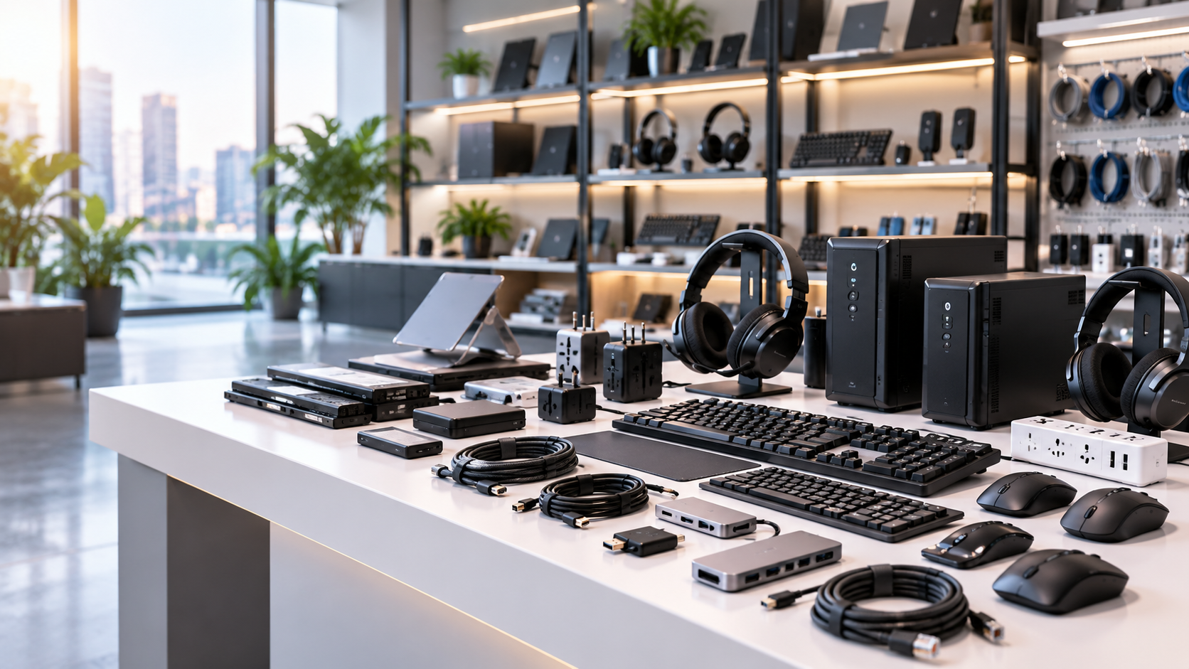IT accessories and peripherals displayed in a modern showroom